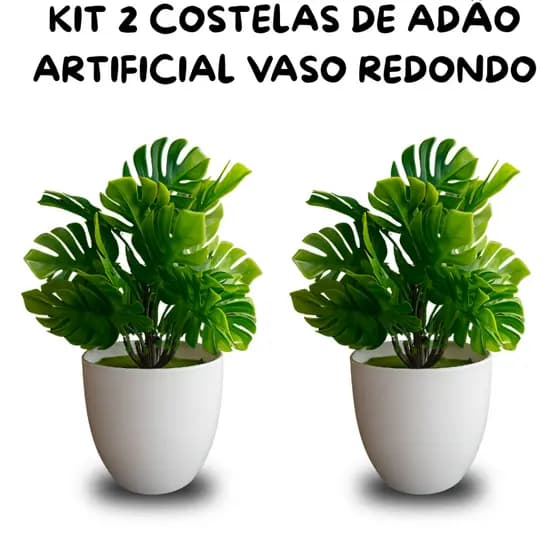 Kit Costela de Adão 2 Plantas Artificial – Vaso Redondo Branco Decorativo