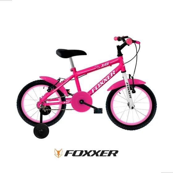 Bicicleta aro 16 foxxer std aço raiada rosa Meninas Infantil com Rodinhas Completa para Crianças