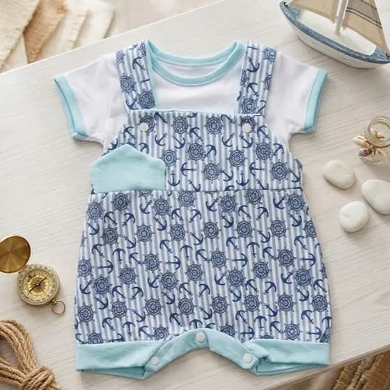Macacão Curto Jardineira + Camiseta para Bebê Menino