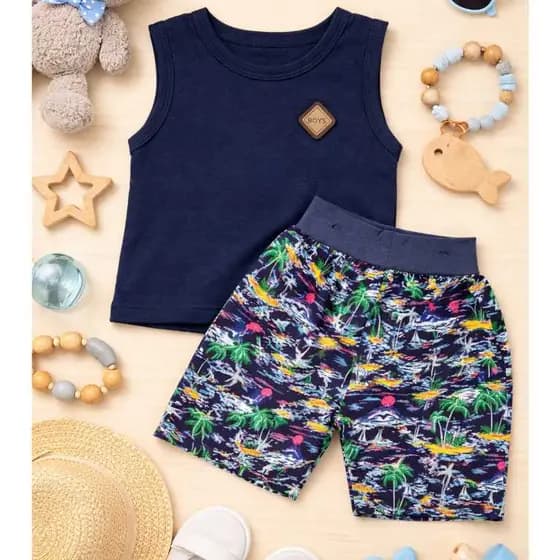 Conjunto Blogueirinho Bebê Menino Regata + Short Estampado Algodão Verão