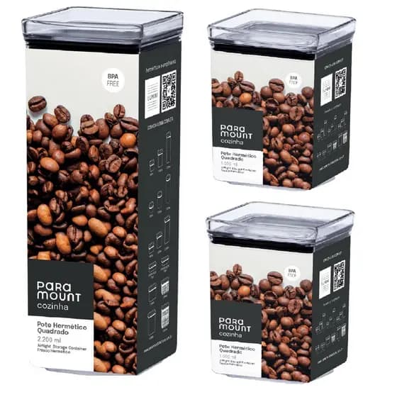 Kit 3 Potes Herméticos Acrílico Armazenar Alimentos 2.200ml/1.000ml Paramount