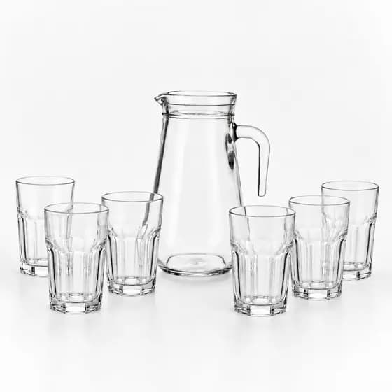 Kit Jarra Transparente Acapulco 1,25L / 1,5L + 6 Copos Vitamina de Vidro para Bebidas