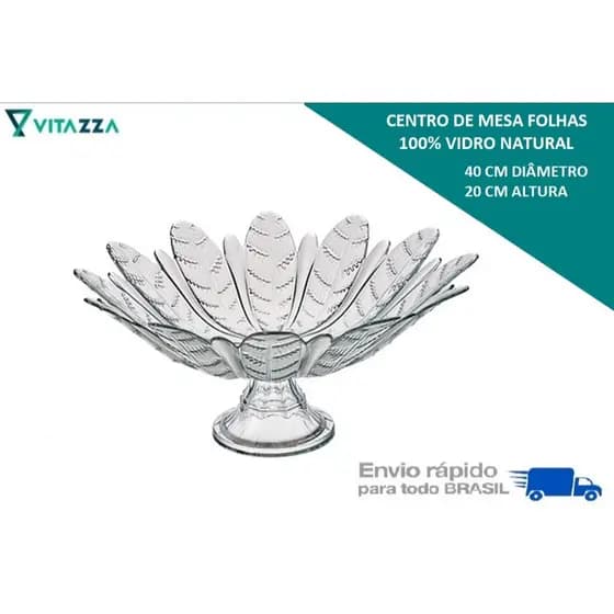 Fruteira De Vidro Centro de Mesa Vidro Com Pe Folhas 40cm Vitazza