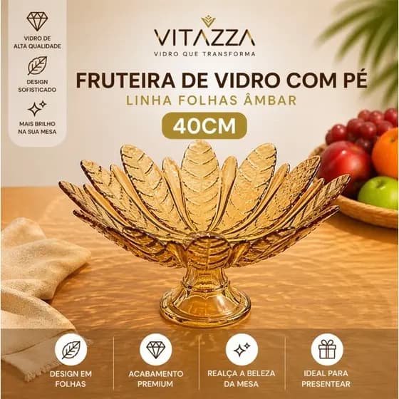 Fruteira Vidro Com Pé 40cm Centro De Mesa Folhas Cor Ambar Vitazza