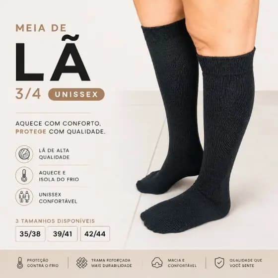 Meias Térmicas De Lã 3/4 Unissex Elegância Para o Dia a Dia em 3 Tamanhos Disponíveis