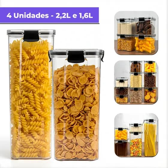 Kit 4 Potes Herméticos 2,2L e 1,6L com Trava Reforçada 100% Vedado Empilhável