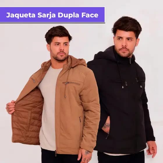 Jaqueta Masculina Dupla Face Puffer Forrada com Capuz Removível e Bolsos