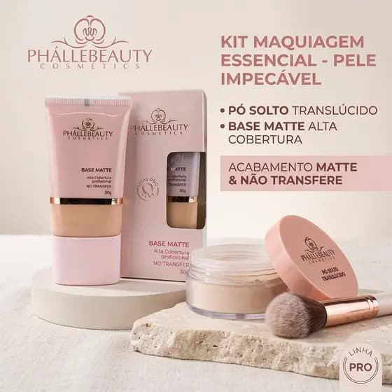 Kit Base Matte Alta Cobertura 30g + Pó Translucido PhálleBeauty - Acabamento Fosco Duradouro