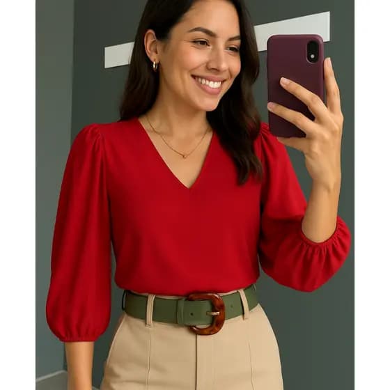 Blusa Feminina Manga 3-4 Princesa Novas Cores Verão Candy Tecido Crepe Duna Alfaiataria Elegante Social Básica
