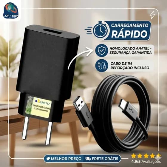 KIT Carregador Turbo 50W Tipo C Para Celular Android Fonte e Cabo USB-C Resistente