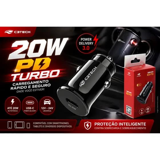 Carregador Veicular USB-C 20W C3Tech UCV-P10BK Power Delivery Turbo iPhone Android