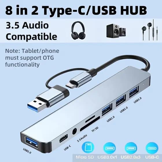 Hub 8 em 1, equipado com interfaces USB e Type-C, uma estação de acoplamento multifuncional que suporta USB 3.0, USB-C,