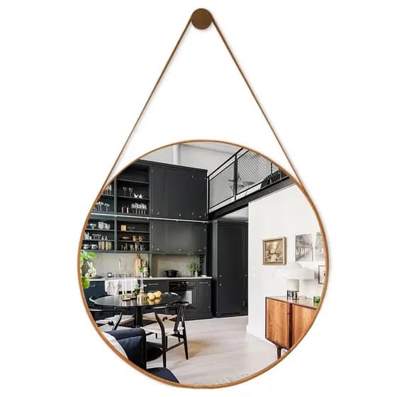 Espelho Decorativo Redondo Com Couro Adnet Para Banheiro Antigo 60cm C/ Pino Suporte