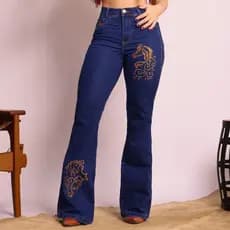Calça Country Feminina Flare Jeans Bordada Boiadeira Cintura Alta Empina Bumbum Elastano Lycra