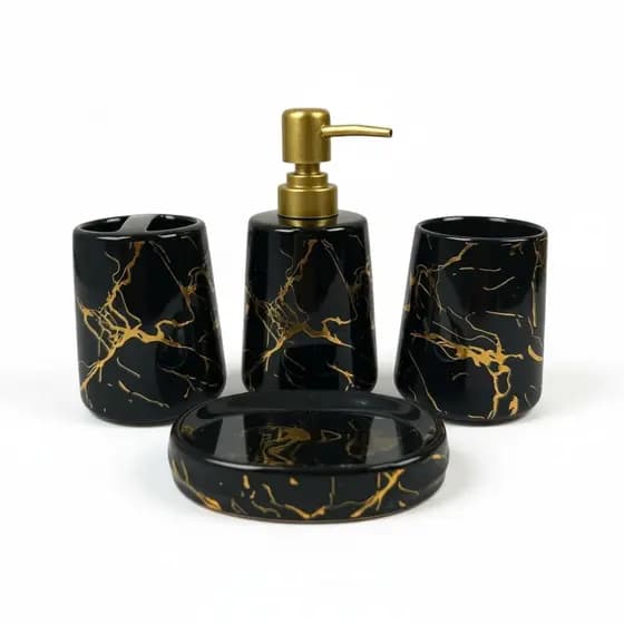 Conjunto de Banheiro em Cerâmica 4 Peças Preto/Dourado AliDoLado