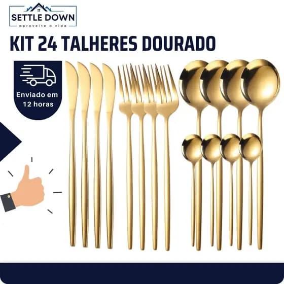 Kit 24 Talheres Dourado 416 Jogo De Talheres Inox Garfo Colher Faca para Uso em Casa, Restaurantes, Festas e Casamentos