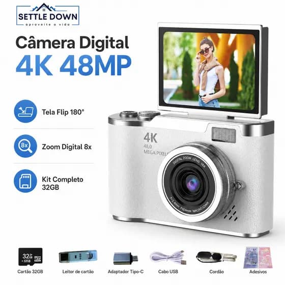 Camera Digital 4K 48MP CCD Zoom Digital 8x Tela Flip 180° Selfie Para Estudantes