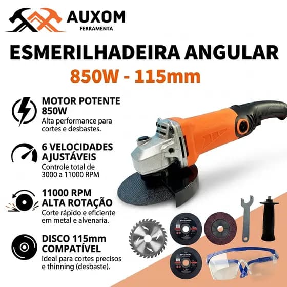 Angle Grinder 850W 115mm Profissional 6 Velocidades Kit Completo 220V Multiuso Corte Polimento Lixamento