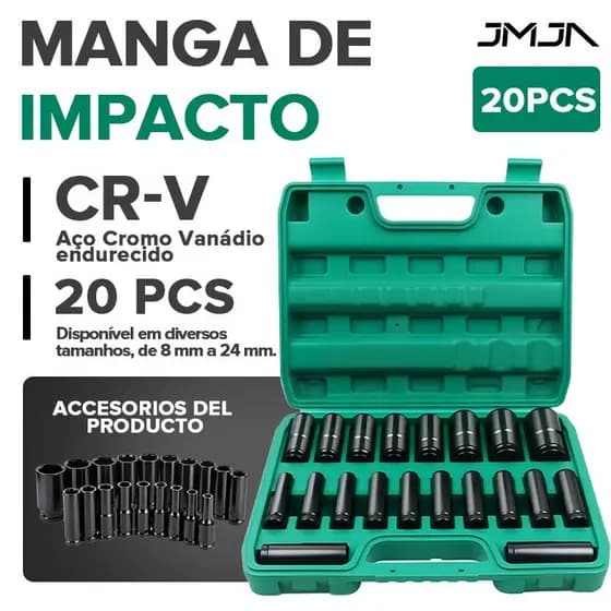 JMJN Jogo de Soquetes de Impacto Longo 20 Peças 8mm a 32mm – Aço Carbono Reforçado com Maleta Profissional