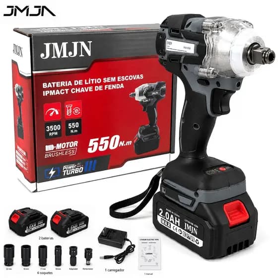 JMJN Chave de Impacto Eletrica 48V 550Nm Parafusadeira Furadeira Brushless Sem Fio 2 Baterias 1/2