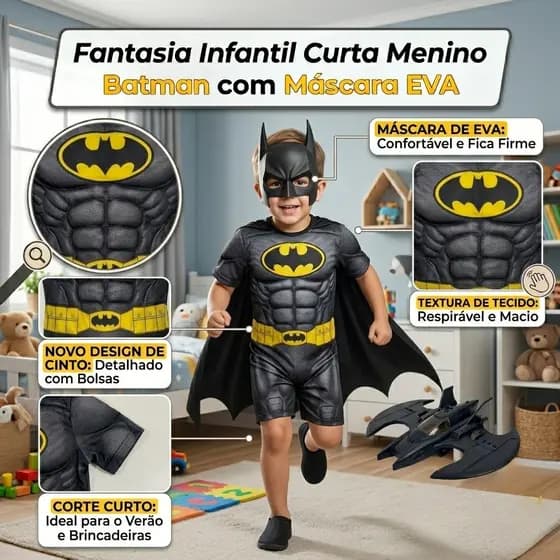 Fantasia Infantil de Super-Herói Batman com Máscara e Capa