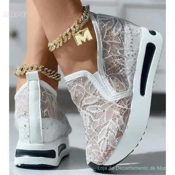 Tênis Femininos Bordados Florais, Sapatos Confortáveis Sem Costas em Malha Antiderrapante OUIJ 8PZE