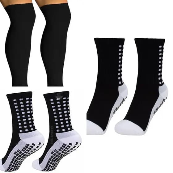 Meias Esportivas Masculinas Anti Derrapante + Canelito de Compressão Protetor de Canela Meiao Futbol