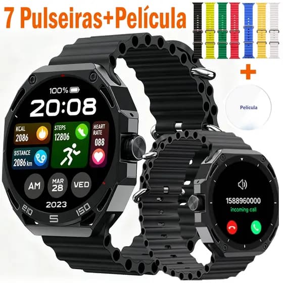 (7 Braceletes) Smartwatch ULTRA 3 MAX Amoled Redondo Relógio Inteligente Amoled com NFC ChatGPT GPS Amoled
