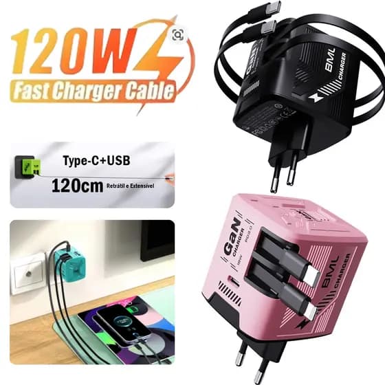 Carregador Turbo Retrátil 120W Tipo-C e Lightning Carregamento Rápido para 3 Dispositivos Compatível iPhone Android