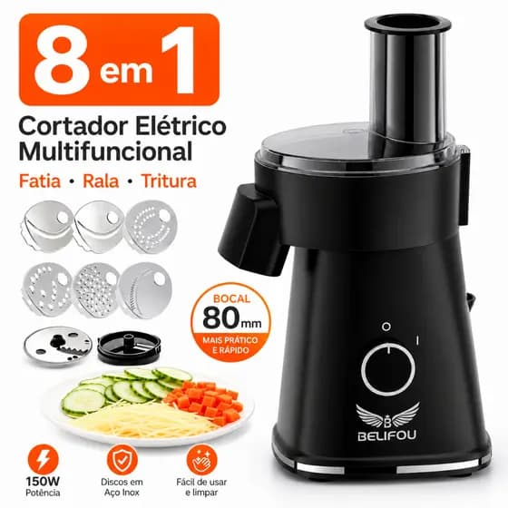 Cortador de Legumes Elétrico 5 em 1 Fatiador Ralador Processador de Alimentos Bocal 80mm