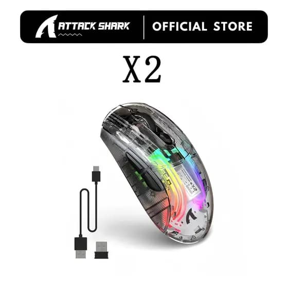 ATTACK SHARK X2 Mouse Sem Fio Transparente-Iluminação 3D RGB BT5.0/2.4G Modo Duplo PixArt Sensor PC Gaming Gift
