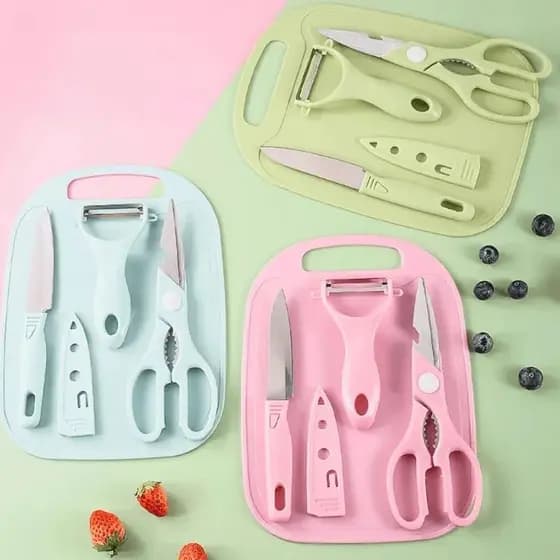 Kit Cozinha 5 em 1 Descascador Fatiador Tesoura Tábua Compacta Multifuncional Legumes Frutas