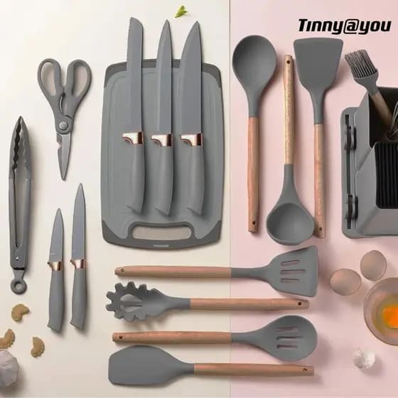 Kit Completo Jogo de Cozinha 19 Peças Com Tábua em Silicone Espátula Faca Tesoura Utensílios