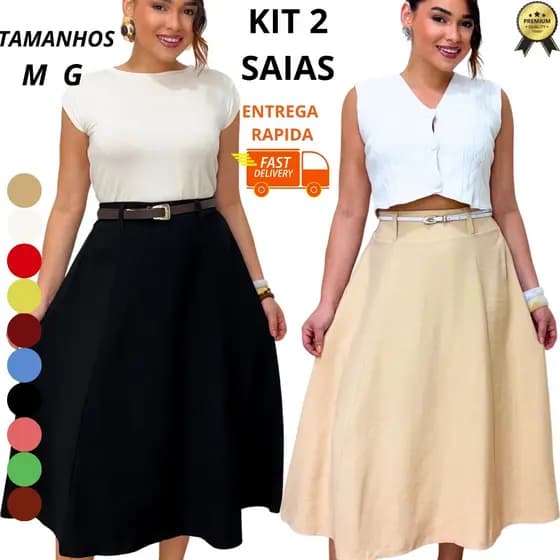 Kit 2 Saias Midi Femininas Tecido Sensorial Marant Cintura Alta M G