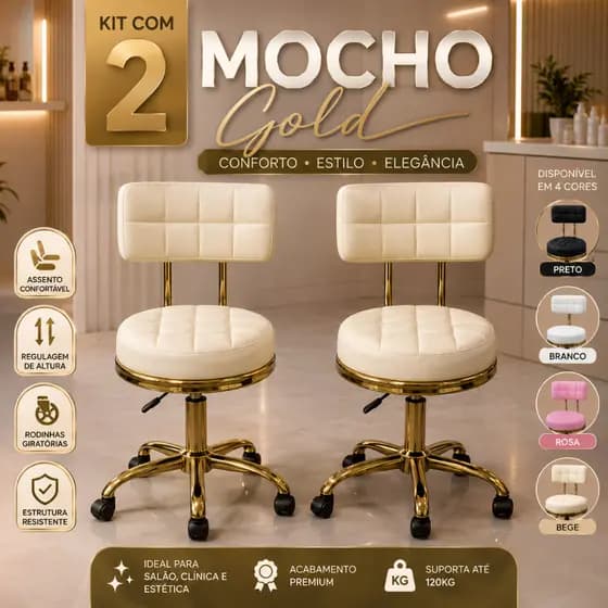 Kit 2 cadeiras mocho gold Luxo Glamour elegante dourado Clinica de estética atendimento salão de beleza