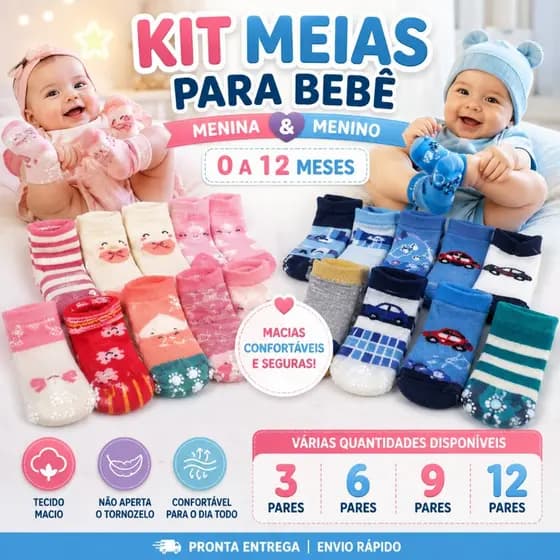 Kit com Pares de meia para Recém Nascidos e Bebê Menino e menina c/ Antiderrapante 0 á 24 Meses Macio Respirável