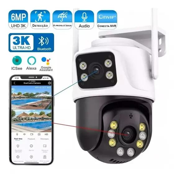 Câmera IP WiFi Externa 6MP Dupla Lente 360° Full HD IP66 ICSee Visão Noturna 2.4GHz