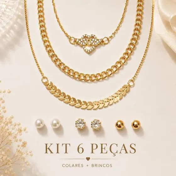 Kit Feminino 6 Peças Luxo Colares e Brincos Dourados Elegante Premium