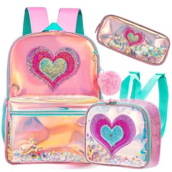 Kit Mochila infant/juvenil Coração mochila lancheira e estojo
