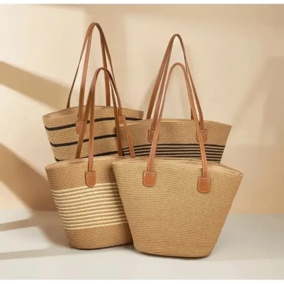 Bolsa Feminina De Praia Ombro Grande Sacola Palha Alça Couro