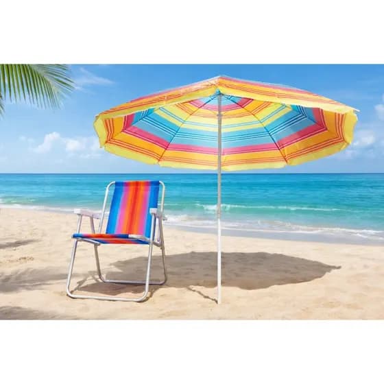 Kit Praia Completo – Cadeira Dobrável + Guarda-Sol Colorido