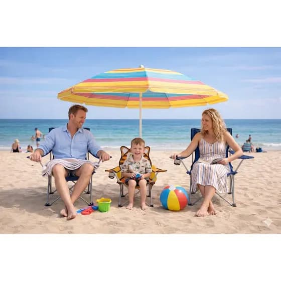 Kit Praia Completo: 2 Cadeiras Adulto + 1 Cadeira Infantil + Guarda-Sol Reforçado