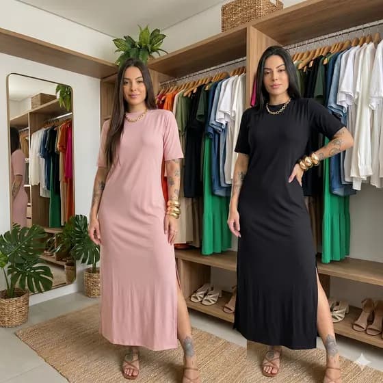 Vestido Longo Feminino Midi Algodão com Fenda Lateral Confortável Moda Casual