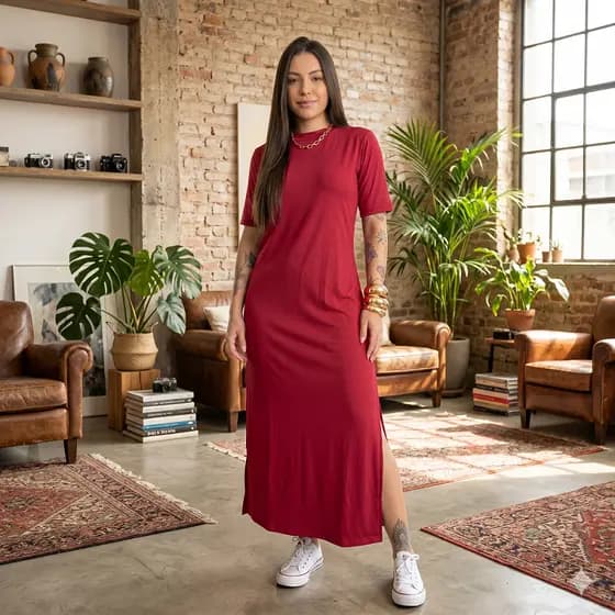 Vestido Midi de Algodão Longo com Fenda Lateral Elegante e Confortável Look Casual Chic