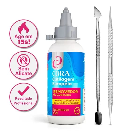 Kit Gel Removedor Cutícula Cora Caneta Hidratante Espátula e Palito Dupla Ponta Bella Inox