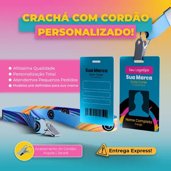 Crachá Personalizado em PVC com Cordão Empresas Identificação Profissional Arte Grátis