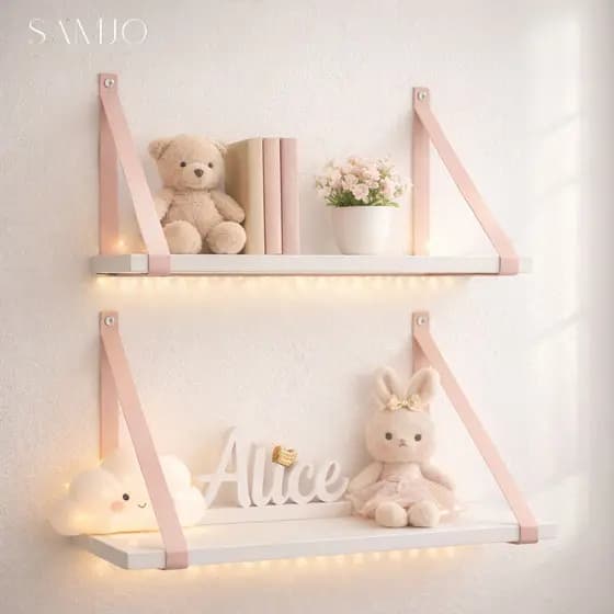 Prateleiras 45x15 – Kit com 2 Unidades, Alça em Couro Ecológico Rosa, Decorar, Organizar Quarto Bebê