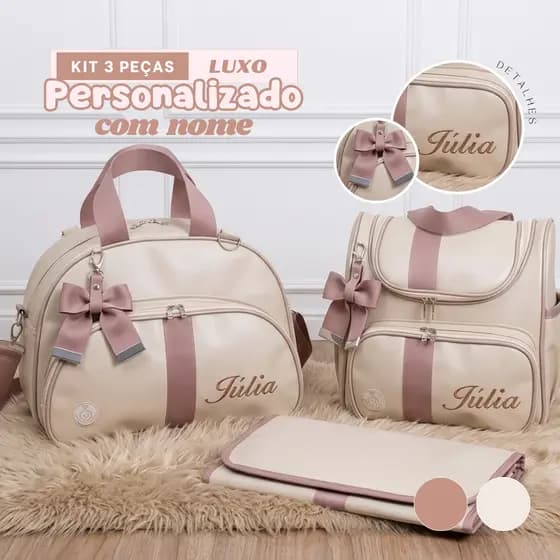 Kit maternidade 3 peças bordado personalizado MENINA - Térmica e impermeável / mochila 3D