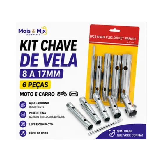Kit Chave De Vela 8 A 17mm Com Barra 6 Peças Moto Carro Universal Aço Carbono Manutenção Mecânica