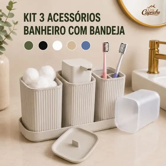 Kit 3 Acessórios Banheiro com Bandeja Dispenser Sabonete Líquido, Porta Algodão e Porta Escovas